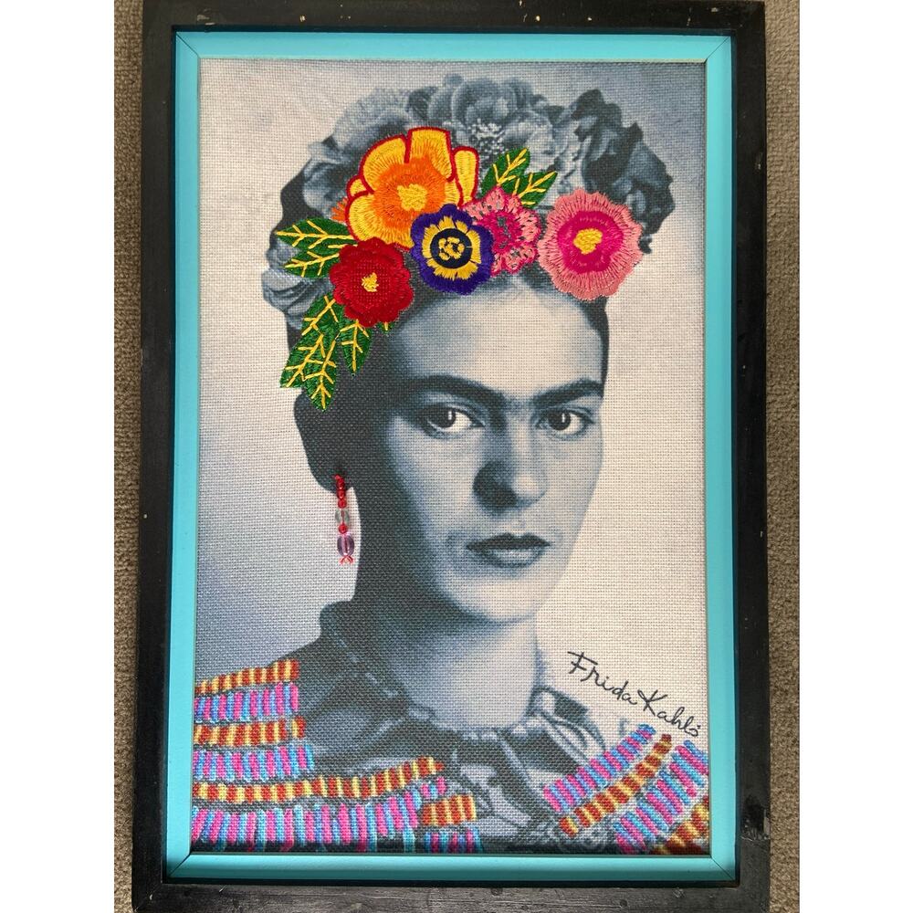 Embroidered Frida Khalo framed canvas artwork mixed media 12X17.5